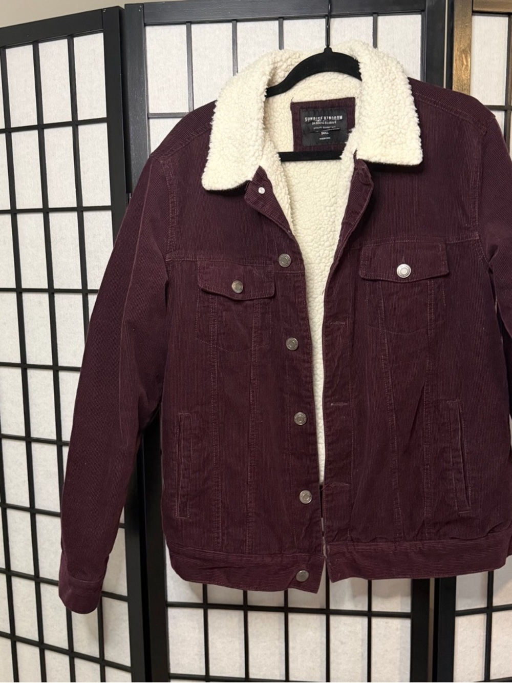 Corduroy Sherpa-Lined Trucker Jacket in Burgundy Small